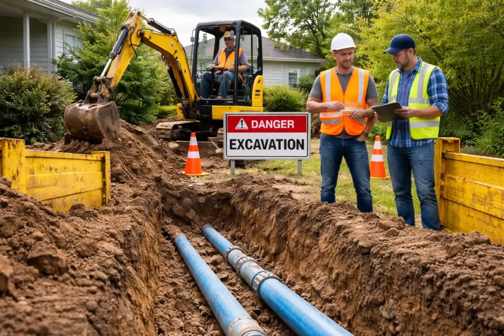 xcavation machinery (mini excavator) working in a residential yard while a plumber inspects pipe alignment.