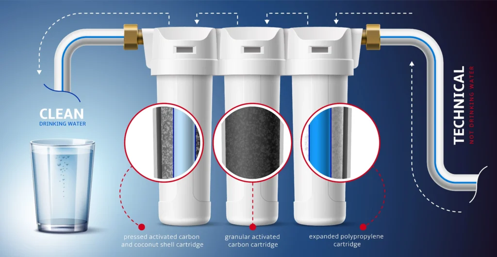 Diagram of a household water filtration system showing multi-stage cartridges including activated carbon and polypropylene filters producing clean drinking water