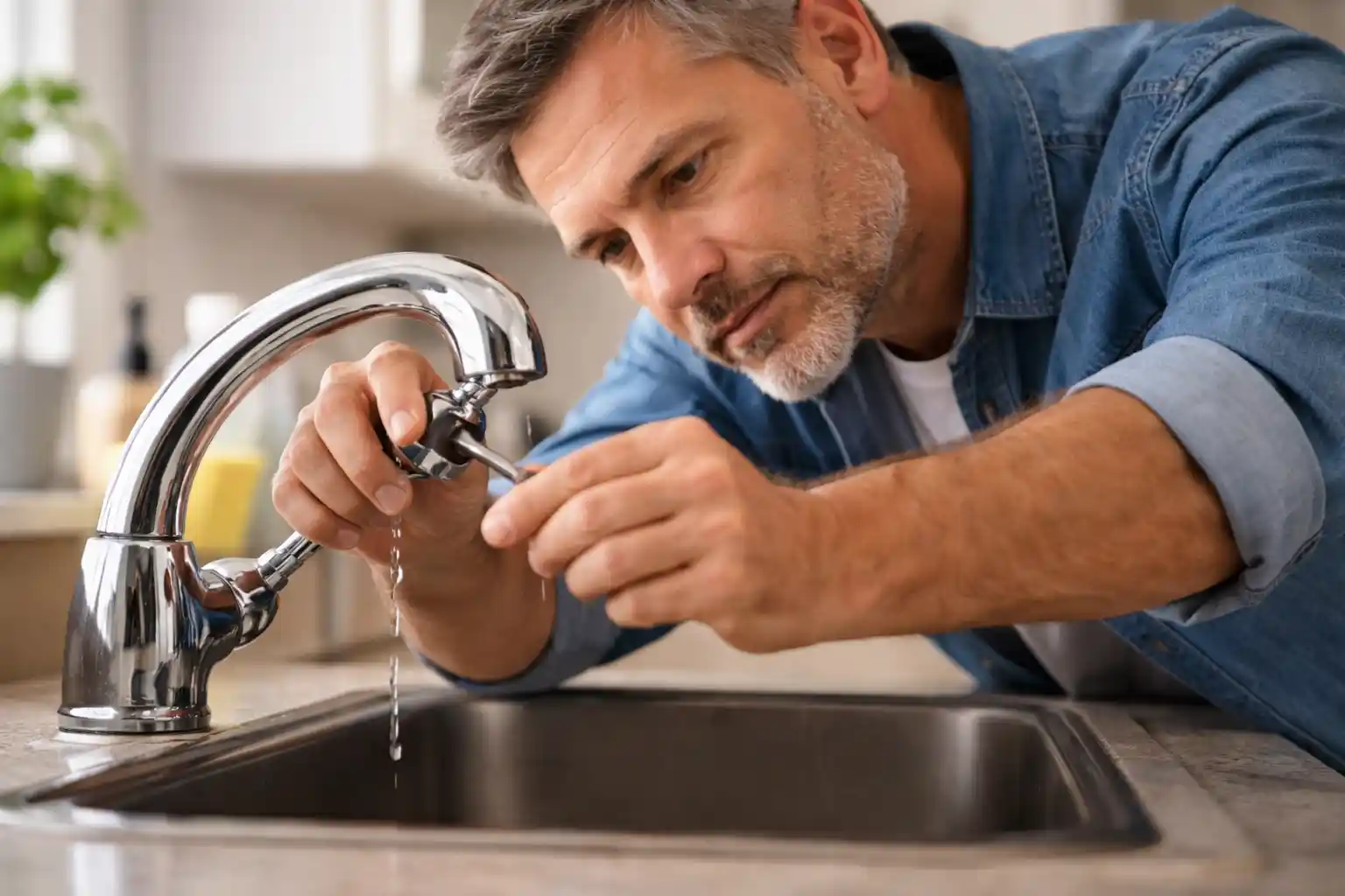 Leak Detection Specialists in Kenmore fixing a dripping kitchen faucet to prevent water waste and damage
