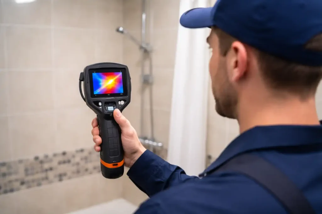 Leak Detection Specialists Kenmore using a thermal camera to identify hidden water leaks inside walls and pipes
