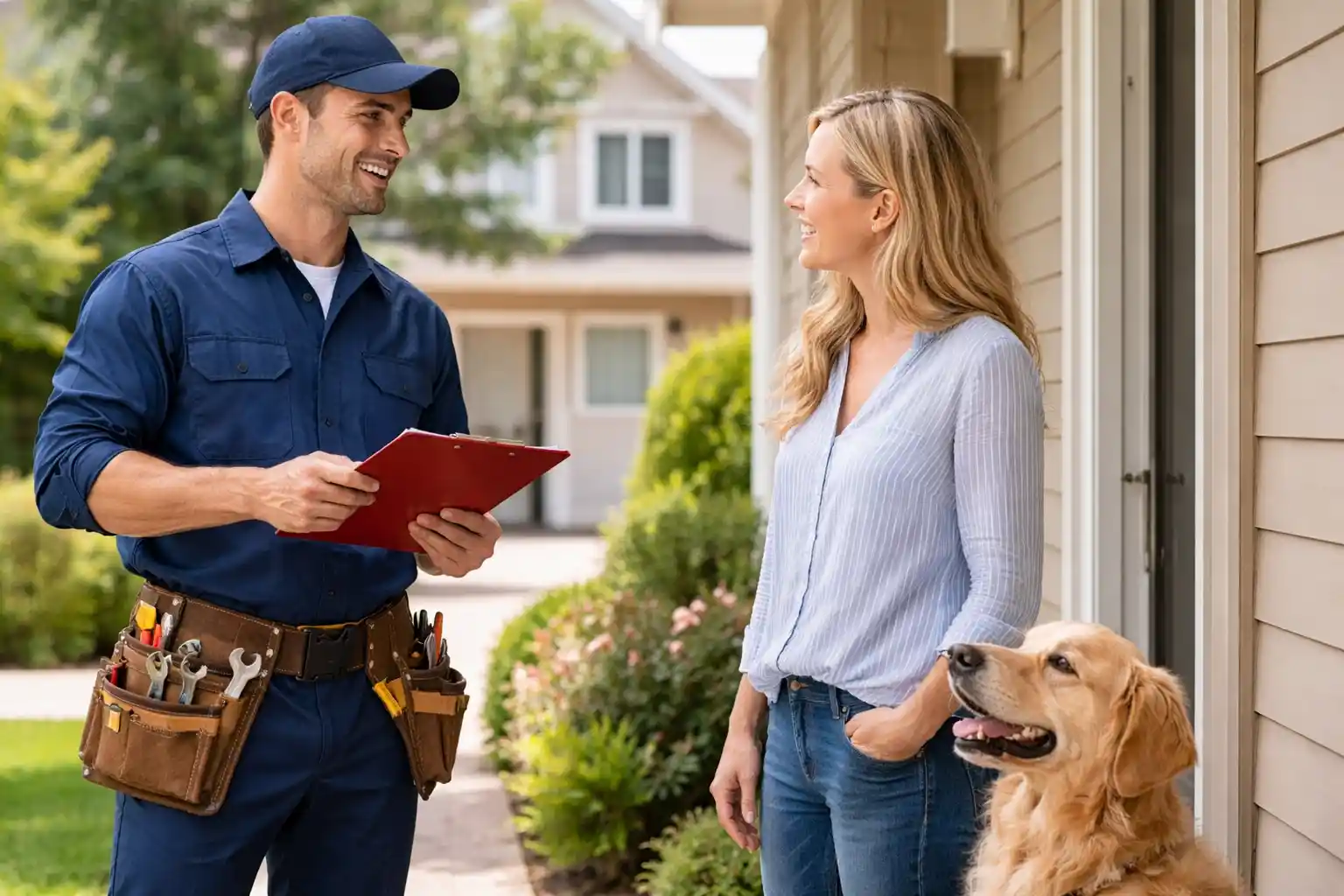 Professional Plumber Kenmore residents trust speaking with homeowner outside suburban Kenmore home while family dog looks on.