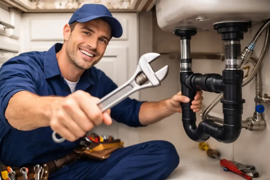 Experienced Plumber Kenmore working under kitchen sink, confidently repairing pipes and offering wrench during plumbing service.