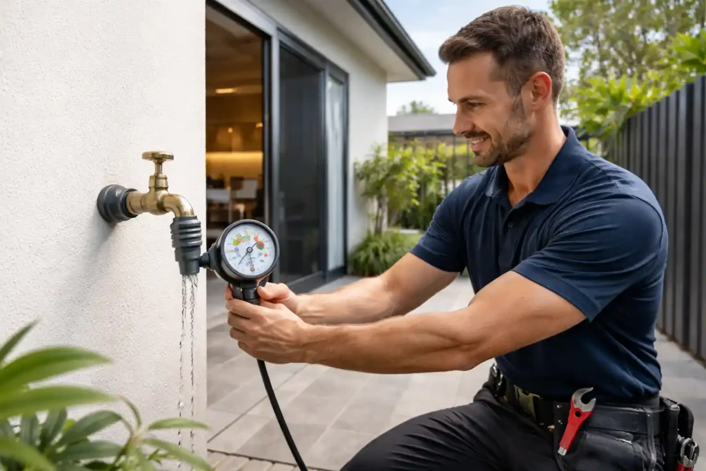 Professional plumber testing outdoor tap water pressure with a gauge as part of Kenmore Plumbing Services residential plumbing inspection in Kenmore.