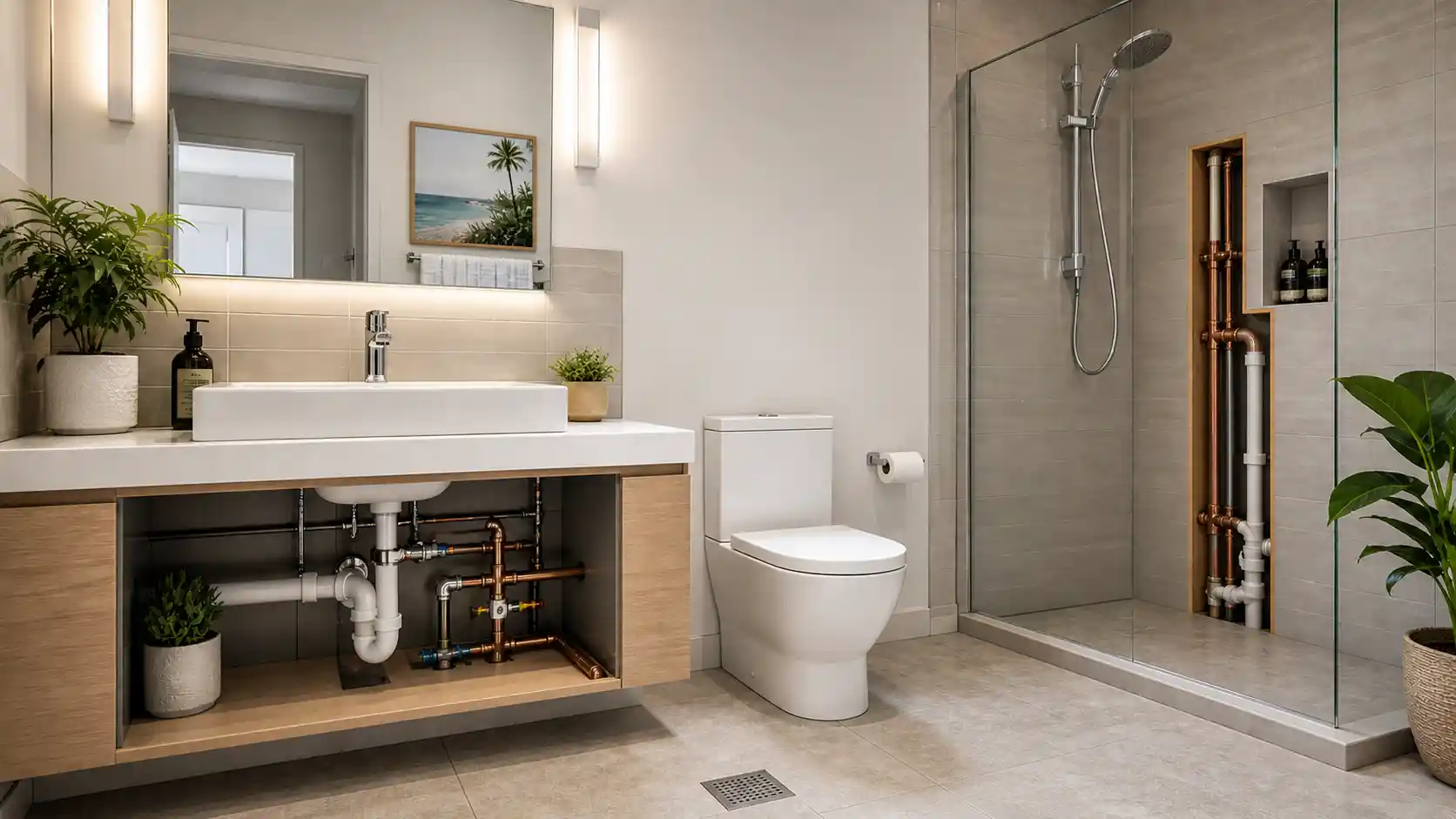 Bathroom Plumbing in Kenmore showing modern bathroom setup with sink, toilet and plumbing system